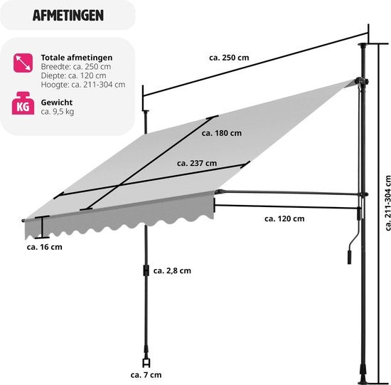 Tectake - Klemmmarkise Sonnenschirm - 250 x 180 cm - Ausgestattet mit UV-beständigem Polyester und Handkurbel und Teleskopstangen - Für Balkon und Terrasse - Hellgrau pulverbeschichteter Stahl