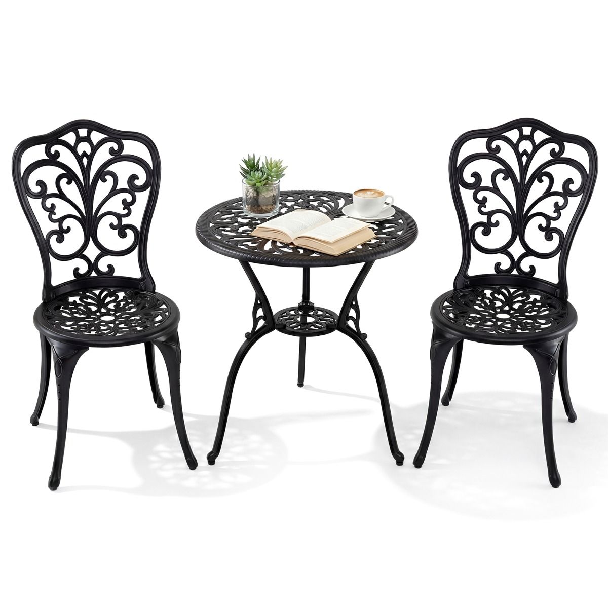Coast 3-teiliges Bistro-Set – Aluminiumguss – Sonnenschirmloch – Rückenlehnen in Schmetterlingsform – schwarz