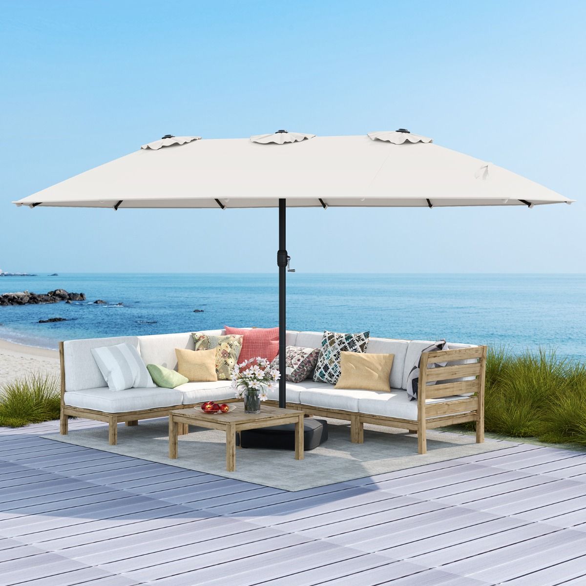 Coast Doppel-Terrassenschirm – stabiler Metallfuß – 12 Streben – beige