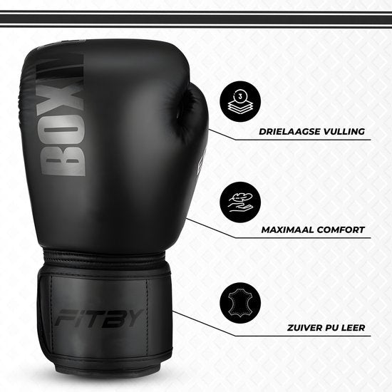 Fitby Boxhandschuhe - Kickboxhandschuhe - Boxhandschuhe - Schwarz - 12 oz