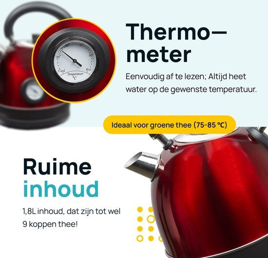 MOA Retro-Wasserkocher Rot 1,8 Liter - Elektrisch - Edelstahl - EK3TR