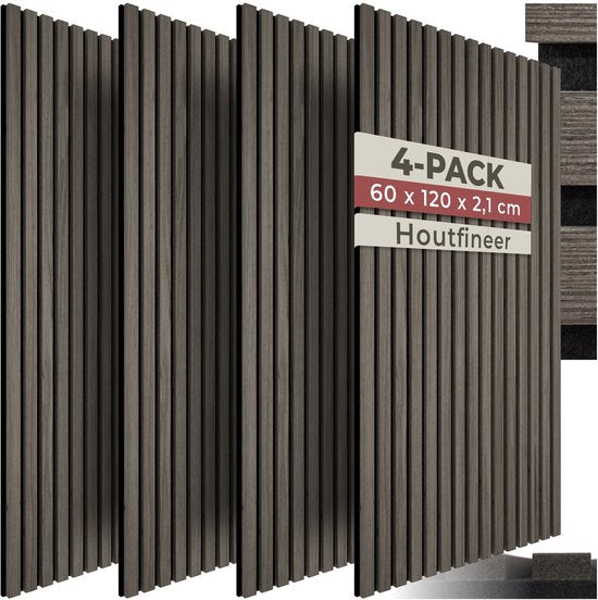 tectake® Akustikpaneele - 4er-Set - Akustik-Wandpaneele - 60 x 120 cm - 2,88 m² - Wandpaneele mit verstellbarer Größe - Lattenwand aus MDF und Holzfurnier - Schalldämmung - stilvolle Wanddekoration - einfache Montage - Eiche grau