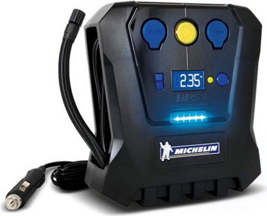 Michelin Compressor Luftpumpe 12 V – Einstellbarer Luftdruck (0,05–7 bar) – Mit USB-Anschluss – Elektrische Luftpumpe – Fahrrad/Auto/Motorrad/Ball/Luftmatratze – Mit verschiedenen Düsen