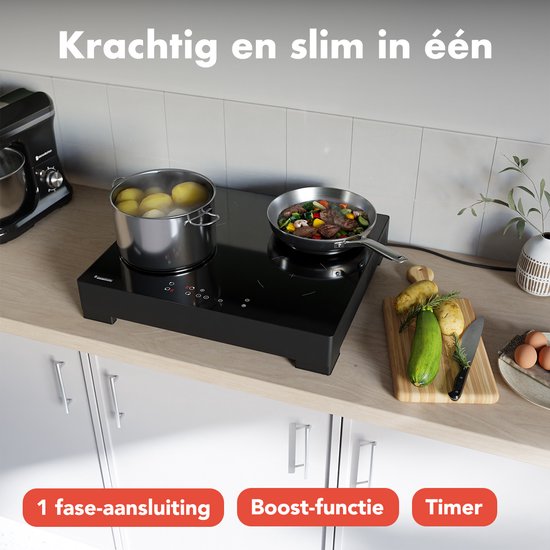 KitchenBrothers Induktionskochfeld - Freistehendes Induktionskochfeld - 60 cm - 4 Zonen - 1 Phase - bis zu 2400W - Schwarz