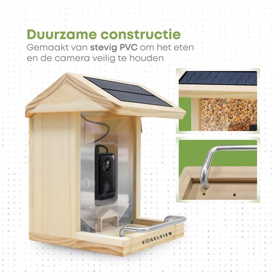 Vogelview – Vogelhäuschen – Vogelhäuschen mit Kamera – Holz – KI-Vogelerkennung – 1080 HD – Audio – Mit Solarpanel