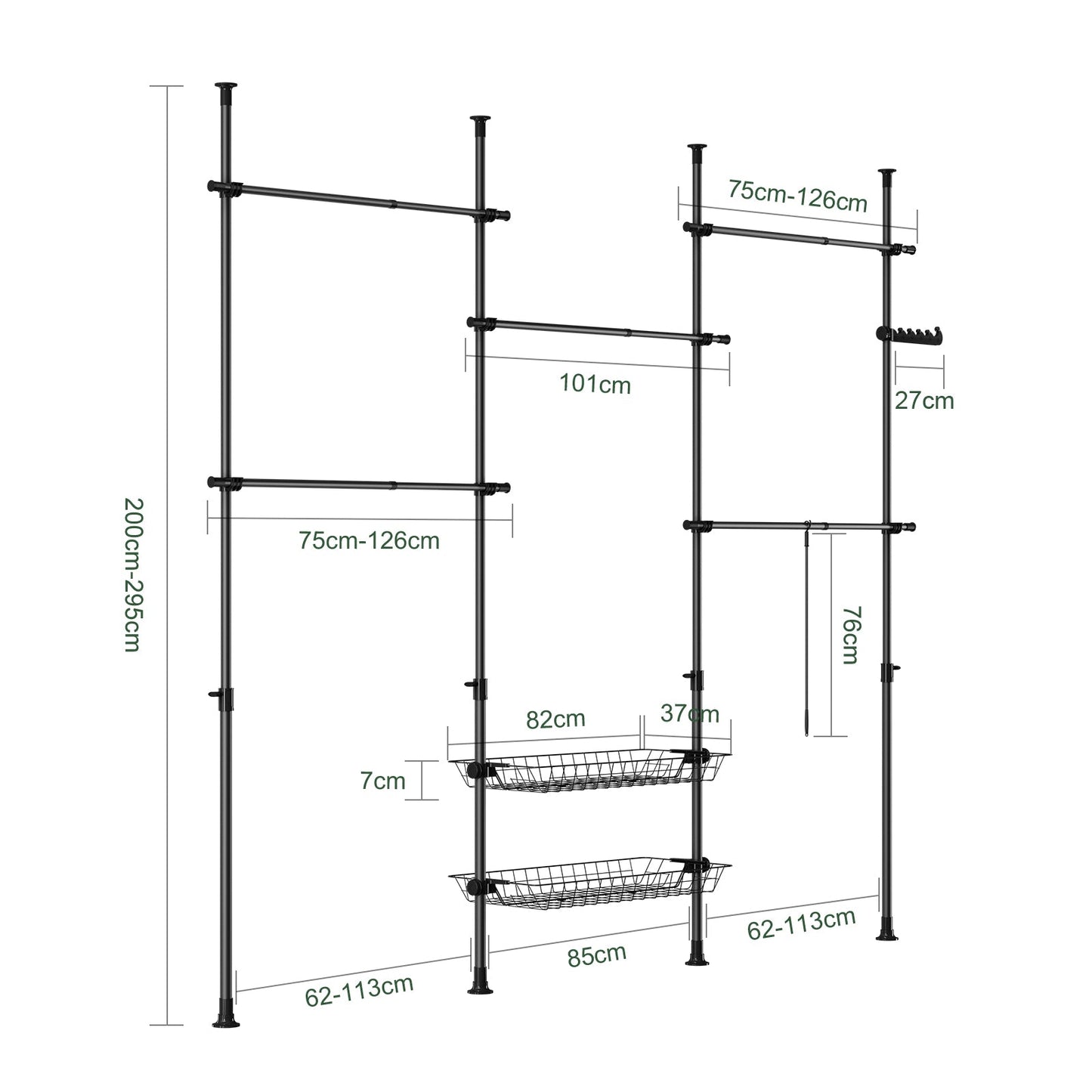 SoBuy Teleskop-Kleiderständer KLS04-II-SCH - 209-311 × 200-295 cm - Schwarz - Verstellbarer offener Kleiderschrank mit Stangen und Fachböden
