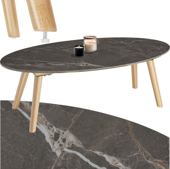 tectake® Couchtisch | Wohnzimmertisch, Ovaler Couchtisch mit Holzbeinen | Marmoroptik | Wetterfester Beistelltisch für Wohnzimmer, Terrasse, Garten oder Balkon - natur