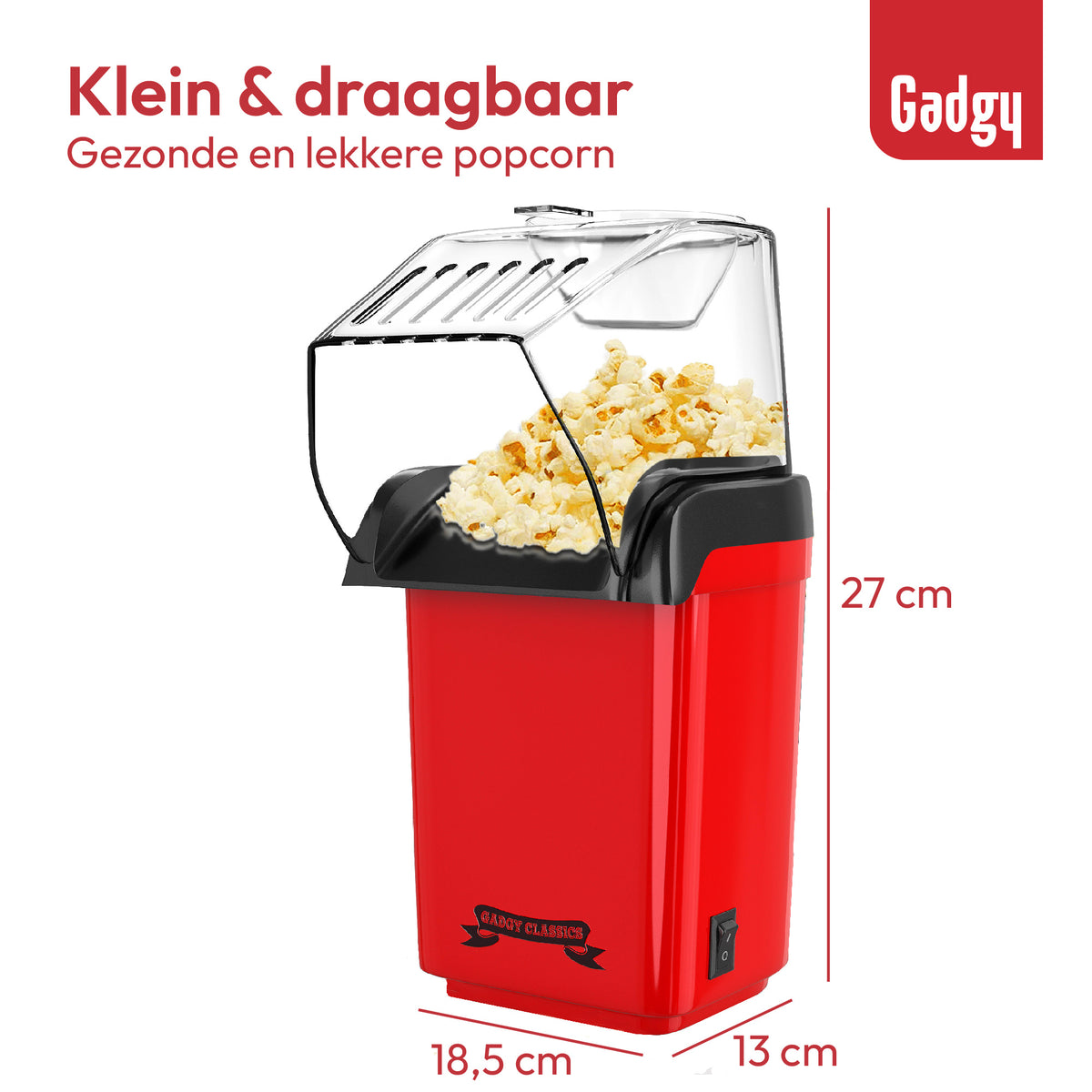 Gadgy Popcornmaschine - Heißluft-Popcornmaschine - 1200 Watt - 27 cm - Popcornmaschine Kinderparty