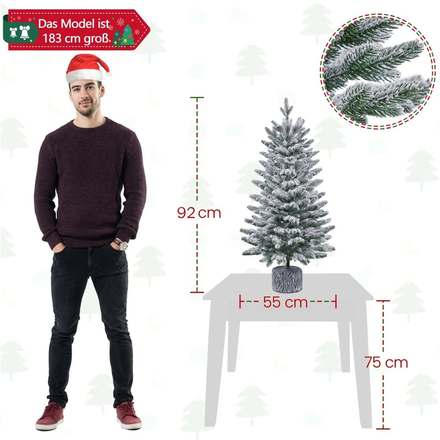 Yaheetech Tisch-Weihnachtsbaum mit Schnee und Lichtern - Φ55 x 92 cm - Mit 355 Zweigen und 50 LED-Lichtern und realistischem Stamm - Für Fensterbank und draußen - Grünes PVC und Metall
