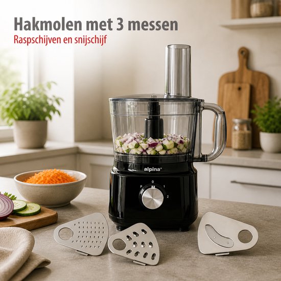 Alpina 3-in-1-Küchenmaschine, Mixer und Smoothie-Maker – Multifunktionale Küchenmaschine – Gemüseschneider – Zerkleinerer – 2 l – BPA-frei – spülmaschinenfest – FP413GS – Schwarz