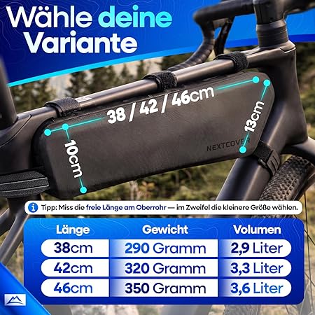 Nextcover® Bikepacking Rahmentasche - 46 cm - Fahrradtasche Rahmen - Unterrohrtasche Fahrrad - Für Gravelbike, Rennrad, MTB