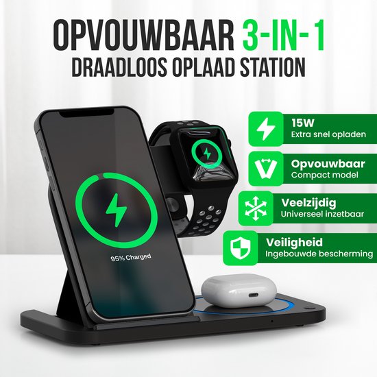 Strex 3-in-1 Wireless Charger - Ladestation - 15W Schnellladegerät - faltbar - geeignet für iOS & Android, Apple Watch, AirPods und Wireless Earphones - Schwarz