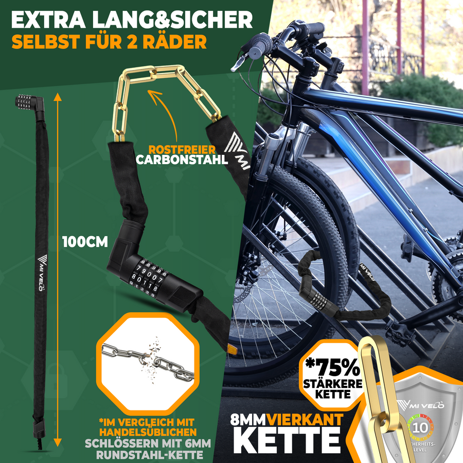 MIVELO - Robustes Fahrrad-Kettenschloss mit Zahlencode – 100 cm lang – Carbonstahl – 20 x 6 cm – Schwarz