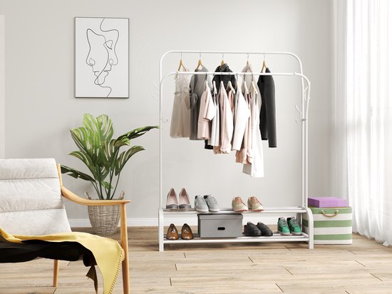 O'DADDY® Kleiderständer Metall mit doppeltem Schuhregal - Kleiderständer weiß - Kleiderständer - Kleiderständer doppelt - Kleiderstange - Garderobenständer - Kleiderständer doppelt - 110 x 33 x (137-157) cm - bis zu 25 kg pro Rohr