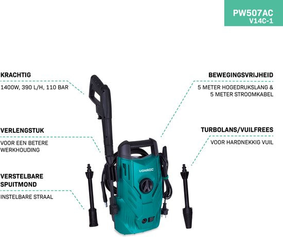VONROC V14C-1 Hochdruckreiniger - 1400W - 110 bar - 390 l/h - Kompakt - Inkl. 5m Schlauch, Düsen und Zubehör