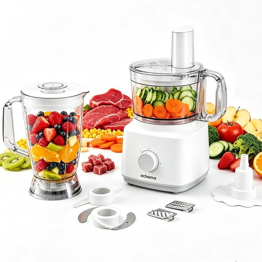Ochama Küchenmaschine 750 W – 1,8 l – Multifunktional – Zerkleinerer, Mixer, Fleischwolf, Gemüseschneider und Reibe – Messer aus Edelstahl