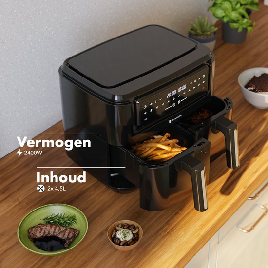 KitchenBrothers Airfryer XXL Dual Zone - 9L - 2400W - Heißluftfritteuse - Doppelter Korb - 50ºC bis 200ºC - 10 Kochprogramme - Schwarz