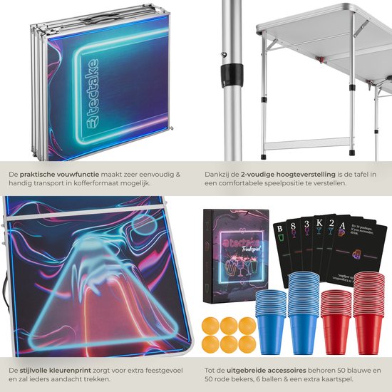 tectake® Bier-Pong-Tisch - Mit Partydekoration - LED-Beleuchtung - Bier-Pong-Tisch höhenverstellbar und klappbar - Trinkspiel mit Zubehör - 100x Plastikbecher, 6x Tischtennisbälle, Kartenspiel mit Karten