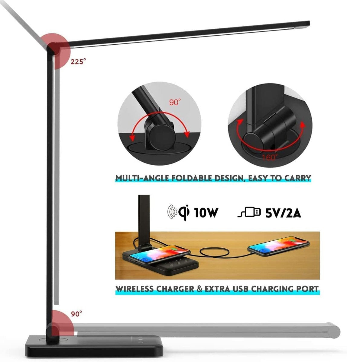 Fuegobird EK009 LED-Schreibtischlampe - kabelgebunden - kabelloses Laden für Telefon - dimmbar - klappbar - Smart Touch - Qi-Technologie - Schwarz