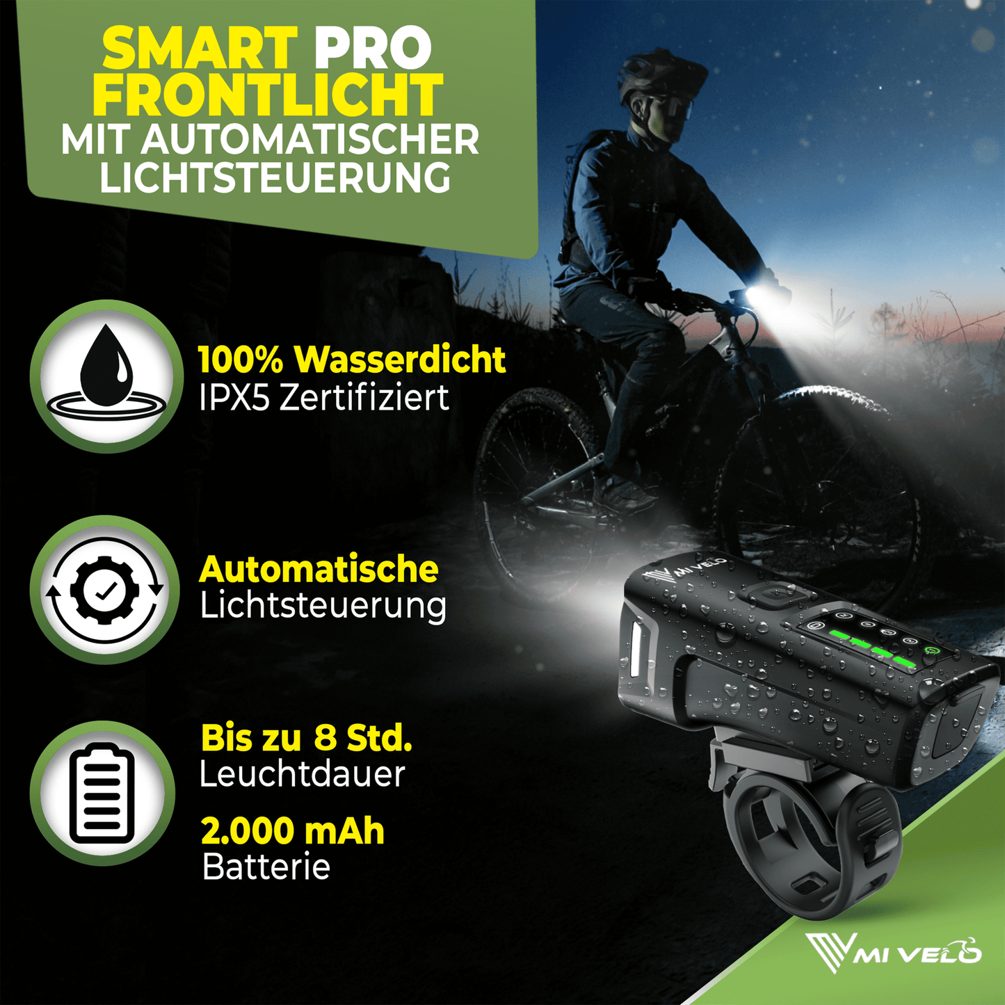 Mivelo - Fahrradlicht Set LED - SMART PRO - mit Bremsfunktion - USB-aufladbar - schwarz