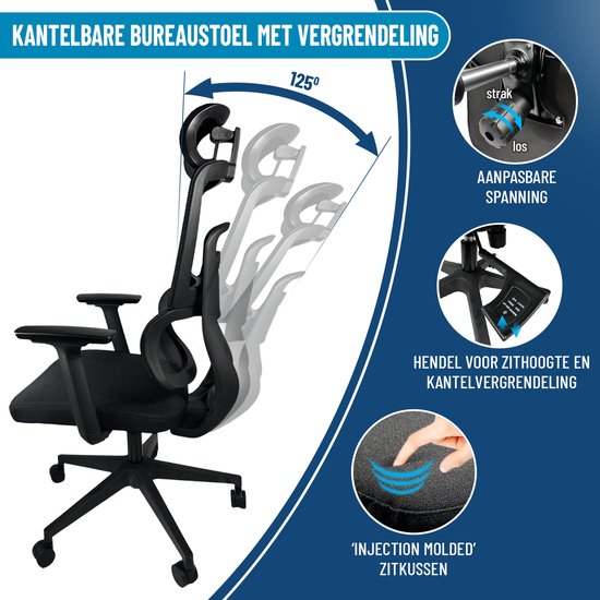 ArtGlobal® Ergonomischer Bürostuhl – verstellbar – Lendenwirbelstütze – um 125° neigbar