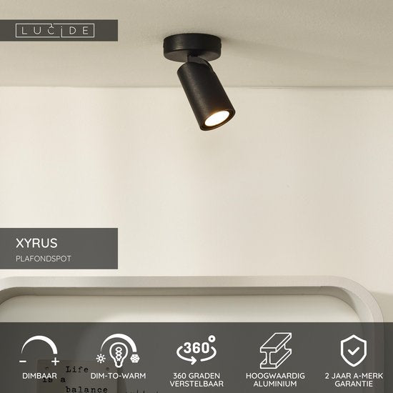 Lucide XYRUS – Deckenstrahler (Deckenleuchte) – Ø 9 cm – LED „Dim to warm“ – GU10 – 1x5 W 2200 K/3000 K – Schwarz