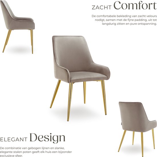 tectake® Esszimmerstuhl Avane - Samtoptik - Ergonomischer Polsterstuhl mit goldenen Stahlbeinen - Belastbarkeit 120 kg - Moderner Esszimmer- und Küchenstuhl - 2er Set - Taupe