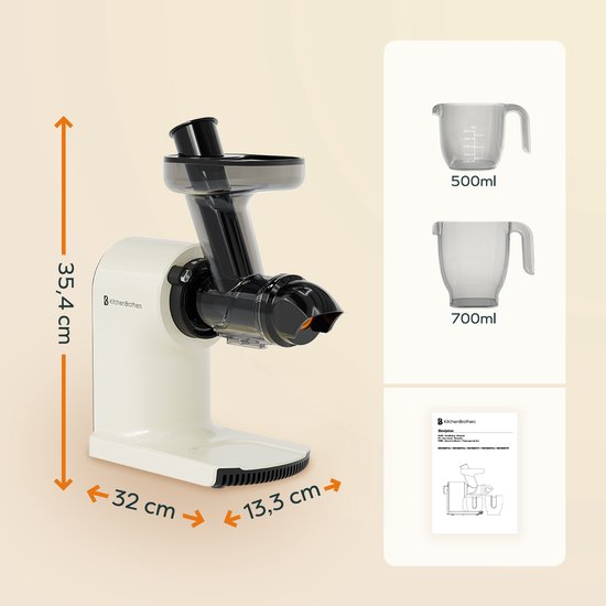KitchenBrothers Slowjuicer - Kompakt - Entsafter - Gemüse- und Obstpresse - 45 mm - 500 ml - Geschenk zum Muttertag - Champagner
