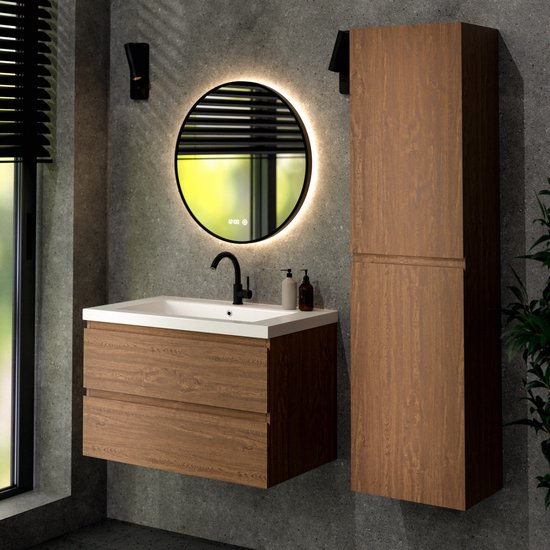 Mirlux Badmöbel Warm Oak 80 cm - Waschbecken Weiß - Badmöbel-Set - Waschbeckenschrank Warm Oak