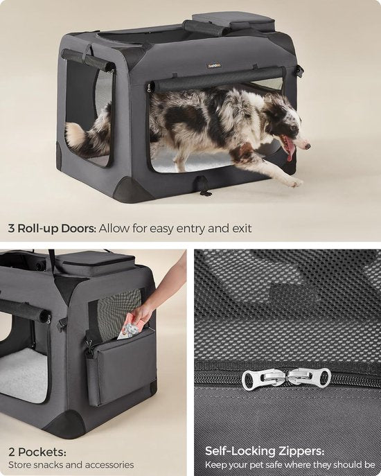 Feandrea Faltbare Reisetasche für Haustiere PDC90G01 – Große weiche Transportbox für Hunde und Katzen, 91 × 63 × 63 cm – Grau – Atmungsaktiv mit Netzfenstern und Staufächern