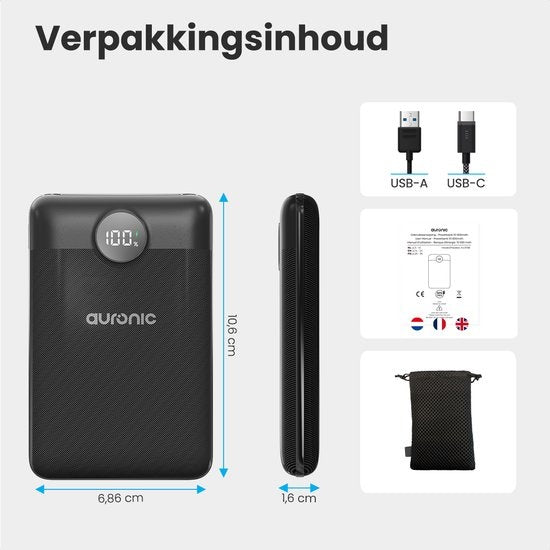 Auronic Powerbank - Schnellladegerät für iPhone und Samsung - 10.000 mAh - 22,5 W - 2 Ladeanschlüsse - Schnellladen über USB-A und USB-C - Schwarz