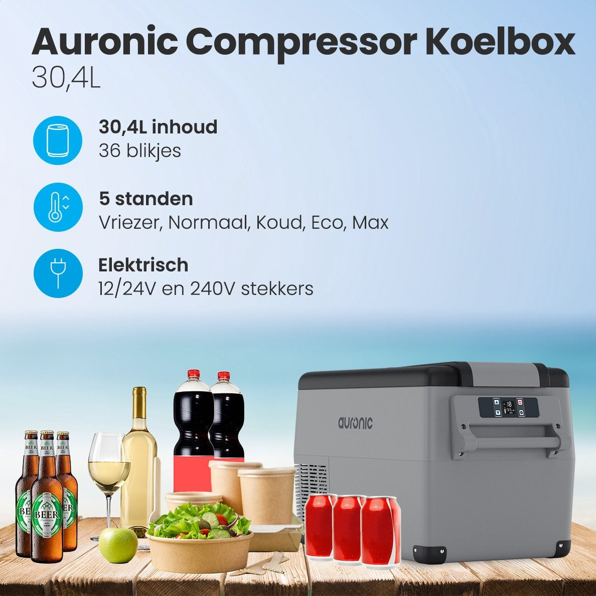Auronic Electric Compressor Coolbox - Kühlbox - 30,4L - 12V und 240V - Grau