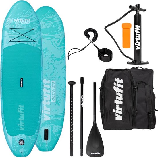 VirtuFit Supboard Ocean 275 - Türkis - Stand Up Paddle Board - Supboard aufblasbar - Für Anfänger und Experten - Verstellbares Paddel - Max. 180 kg - Mit Zubehör und Tragetasche