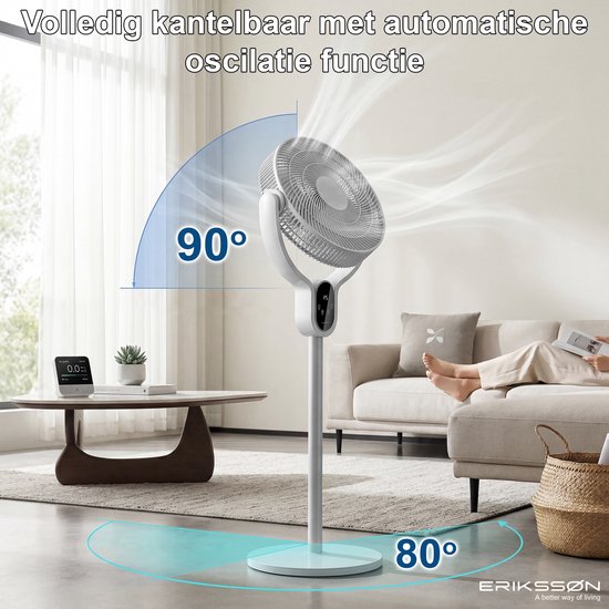 Erikssøn Standventilator – Leise und leistungsstark, 45 W – 8 Geschwindigkeitsstufen – Verstellbar – Standventilator – Grau