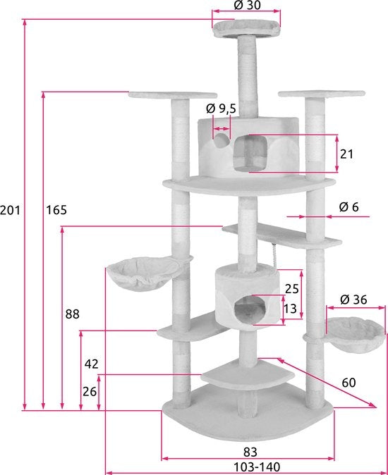 Tectake Kratzbaum Fippi - 83 x 68 cm - 4 Aussichtsplattformen - Grau/Weiß