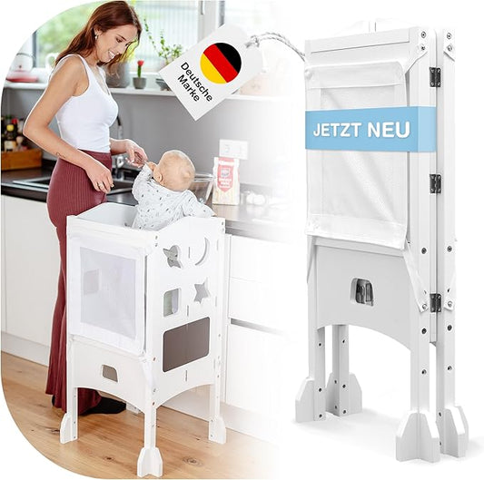 BabybeFun Lernturm ab 1 Jahr - Zusammenklappbarer Lernturm inkl. 360° Sicherheitsnetz - Extra stabiler und solider Lernturm - Lieferung vormontiert mit Kippschutz