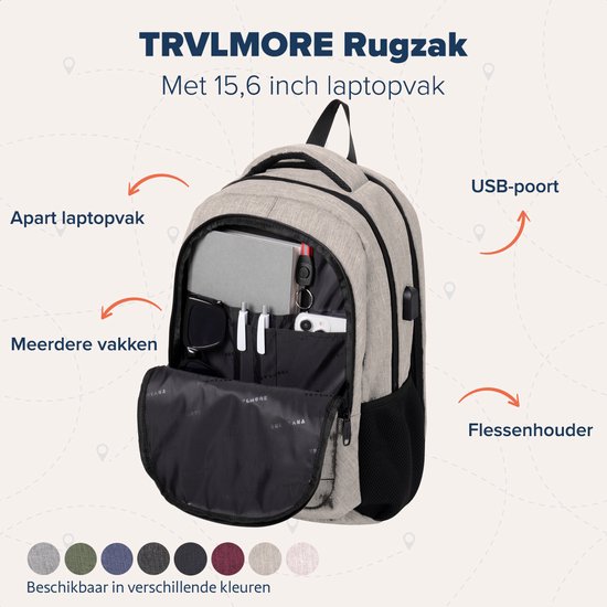 TRVLMORE Rucksack mit Lifetime - Rucksack mit 15.6 Zoll Laptopfach - Schultasche - Spritzwassergeschützt - Männer und Frauen - Jungen und Mädchen - 28L - Champagner