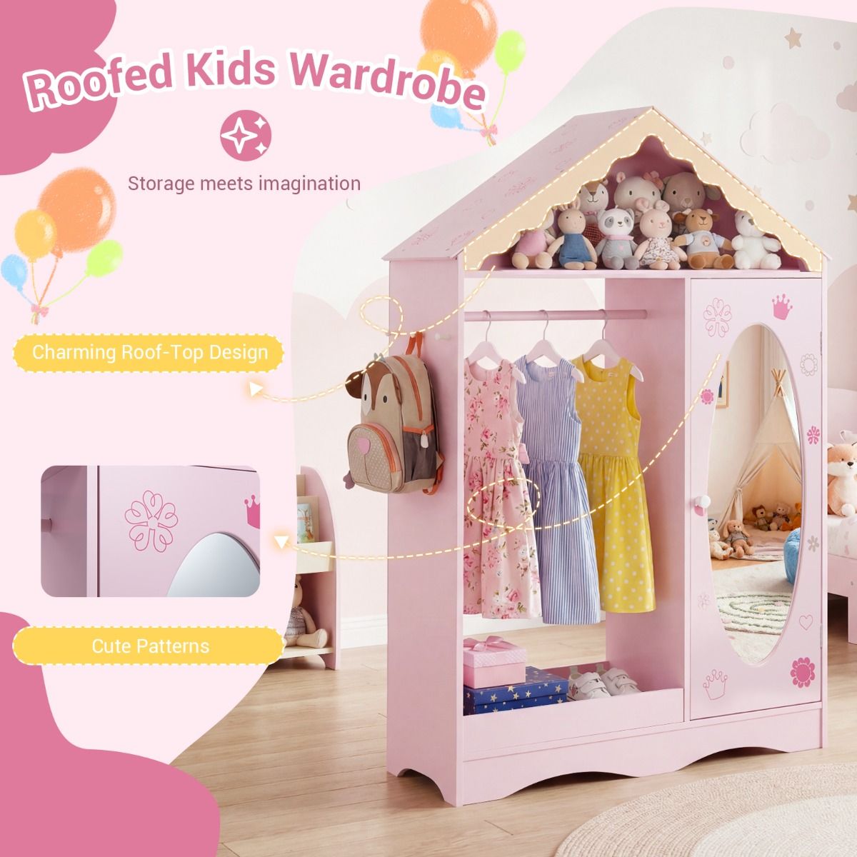 Coast Kinderkleiderschrank mit Spiegel – Dachförmiges Design mit Kleiderstange, Regalböden und Haken – 85,5 x 30 x 121 cm – Rosa