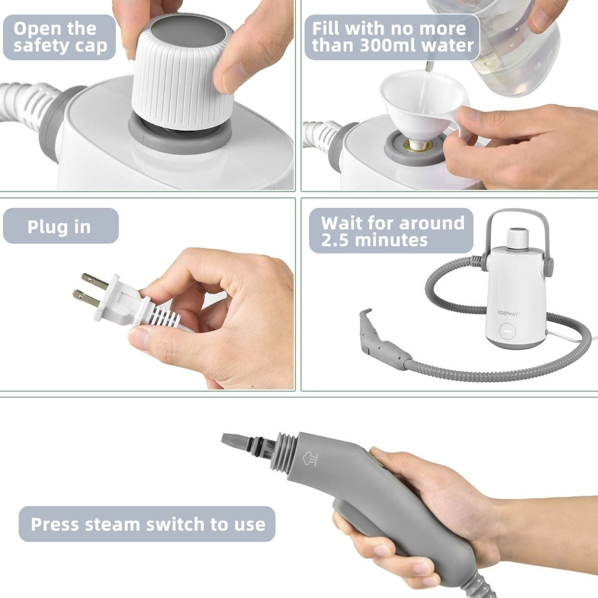 Coast Handdampfreiniger - 1000W - 300ml - Inkl. 10 Zubehörteile - Grau/Weiß
