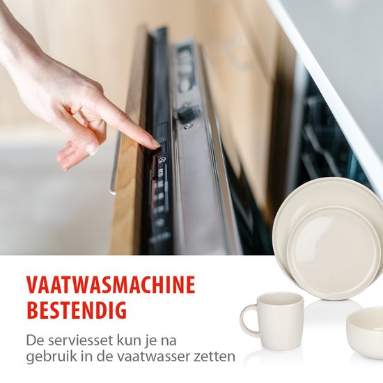 alpina Geschirrset 16-teilig - Tellerset 4 Personen - Steingutgeschirr - Frühstücksteller, Essteller, Schüsseln und Becher - Mikrowellen- und spülmaschinenfest - Creme