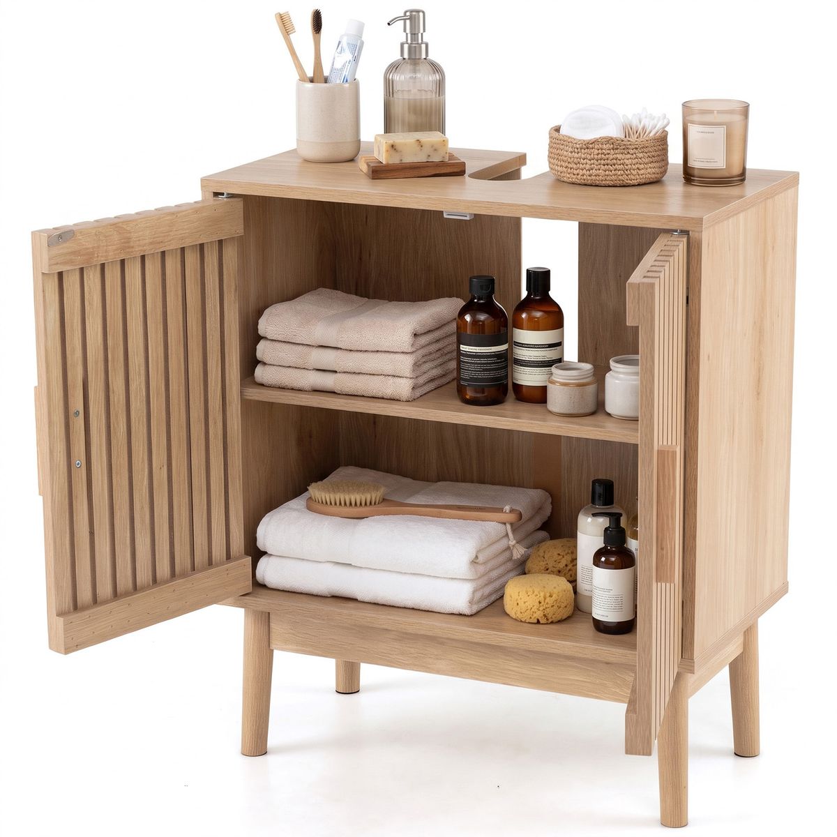 Coast Badezimmerschrank, Waschtischunterschrank – 2 Lamellentüren – Beine aus Kiefernholz – natur – 60 x 30 x 70 cm