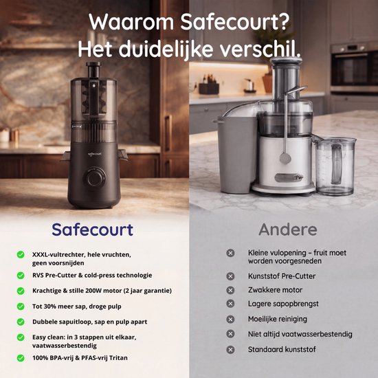 Safecourt Kitchen Slow Juicer XXL - leistungsstarker Motor [Vorschneider & Kaltpress-Technologie] - einfache Reinigung - BPA-frei - Entsafter Schwarz