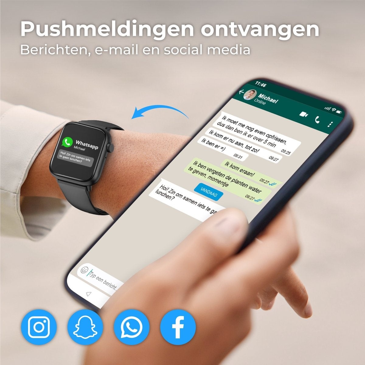 Nuvance Smartwatch Männer & Frauen - 45mm - Für iOS & Android - Schrittzähler und Herzfrequenzmesser - Wasserdicht - Schwarz