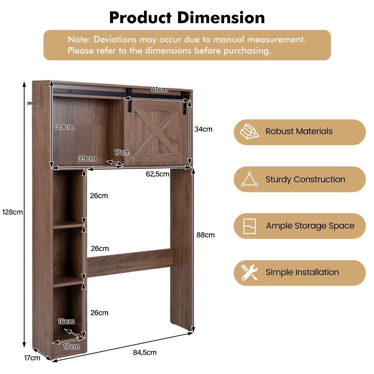 Coast Toilettenschrank mit Schiebetür – freistehendes Badezimmerregal – Holz und MDF – dunkelbraun – 84 x 17 x 128 cm