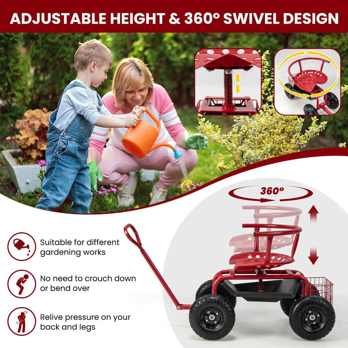 Coast Gartenwagen mit Rollsitz – ausziehbarer Griff – Stauraum – rot