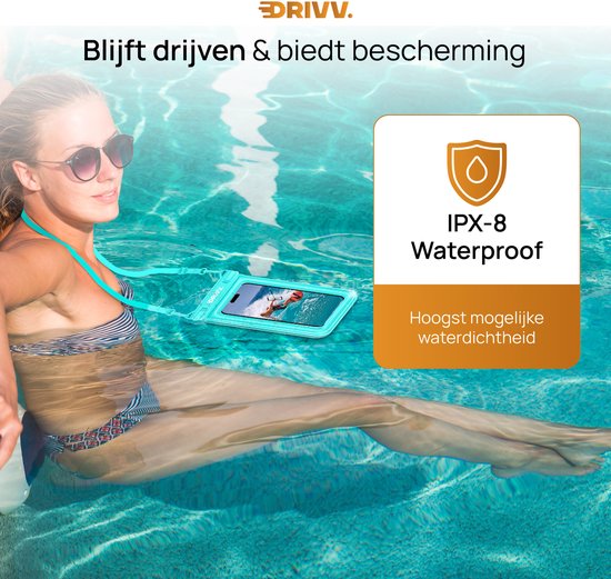 Drivv. Wasserdichte Luxus-Telefonhülle - schwimmend - Doppel-Clip-Verschluss - Telefone bis zu 6,8 Zoll - Unterwasser-Telefonhülle - Blau