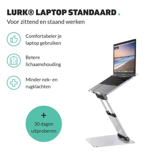 LURKÂ® Laptop-Ständer Ergonomisch - Aluminium Laptop-Halterung - Stehend arbeiten - Verstellbar und klappbar - Silber