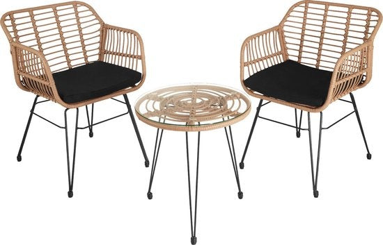 tectake - Outdoor-Geflechtsitzgruppe, Möbel für 2 Personen, 3-teilig. Bistro-Set, Balkonmöbel, Gartenmöbel-Set mit 2x Stühlen + Tisch, kleine Lounge wetterfest für Garten, Balkon oder Terrasse - naturfarben - Poly-Rattan