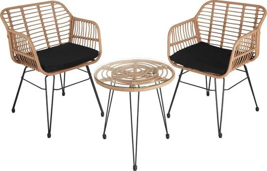 tectake - Outdoor-Geflechtsitzgruppe, Möbel für 2 Personen, 3-teilig. Bistro-Set, Balkonmöbel, Gartenmöbel-Set mit 2x Stühlen + Tisch, kleine Lounge wetterfest für Garten, Balkon oder Terrasse - naturfarben - Poly-Rattan