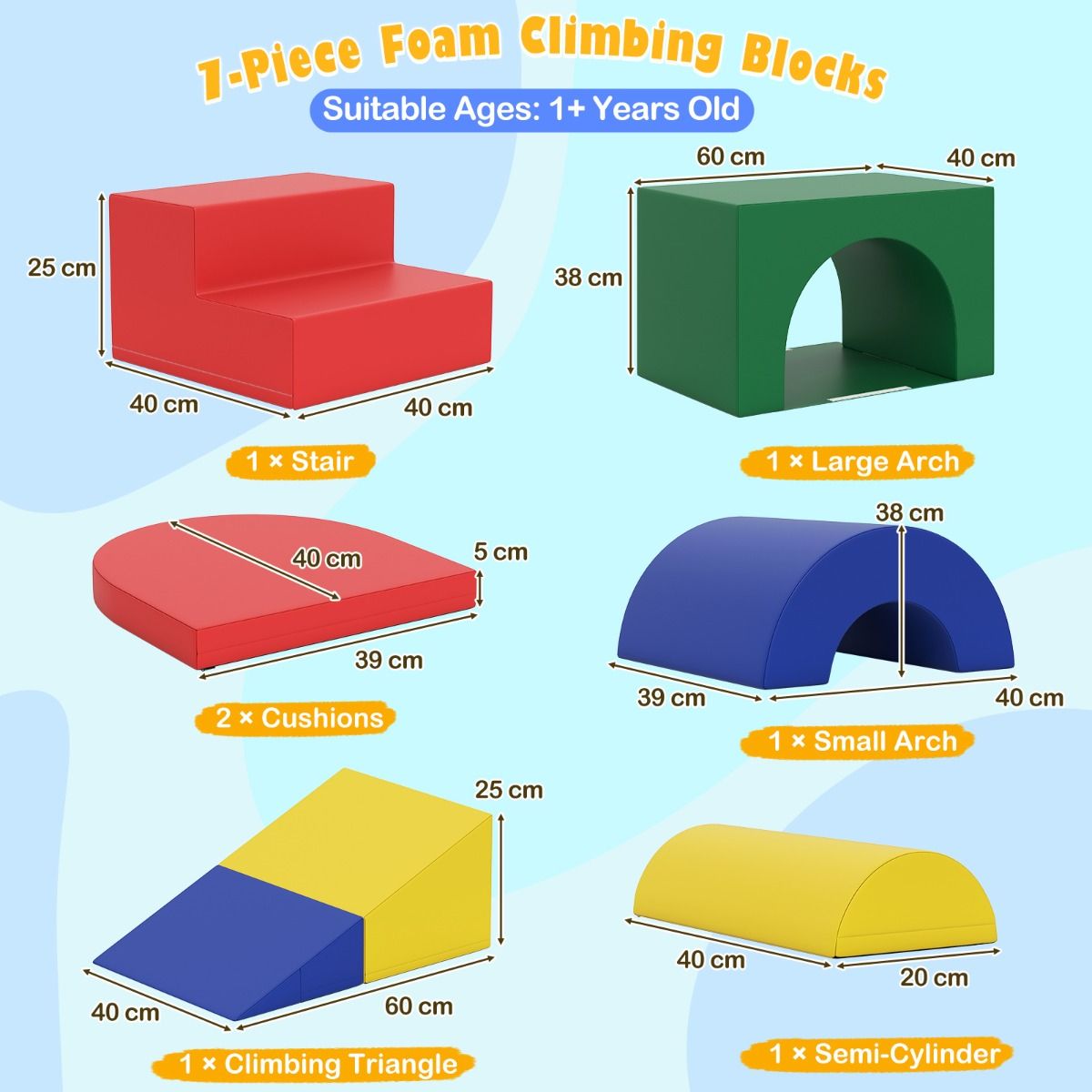 coast 7-teiliges weiches Kletterblock-Set für Kleinkinder - farbenfrohes PU-Leder-Spielgerät mit Schaumstoff, 40×40×25 cm und 60×40×38 cm